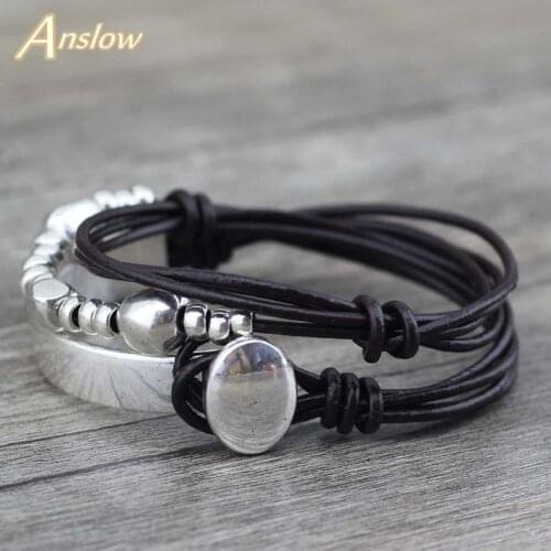 Anslow Wholesale Statement Handmade DIY Bijoux Zinc Alloy Leather Bracelet Bangle For Women Men Unisex Gift Dropping LOW0475LB