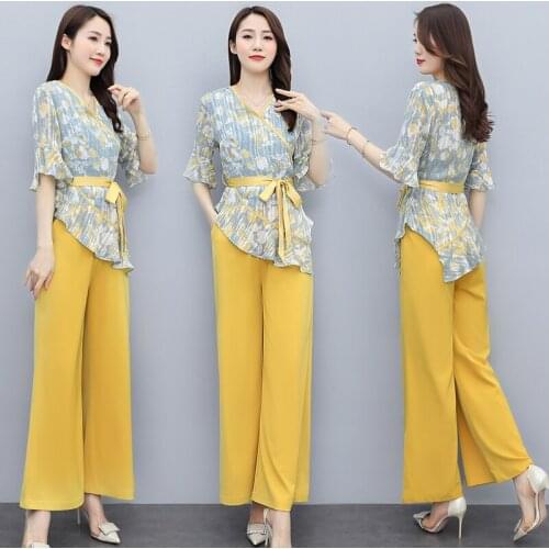 Summer Women Two Piece Set 2021 New Lady Short Sleeve Floral Print Shirt Blouse Tops+Long Wide Leg Pants Trousers 2 Piece Suits