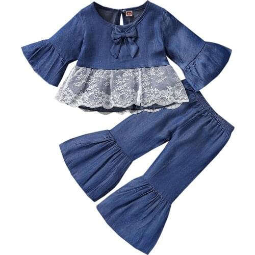 1-5Y Autumn Fashion Children Girls Clothing Sets Toddler Kids Girls Lace Bow Tie Blouse Shirts Tops+Flare Pants Outfits