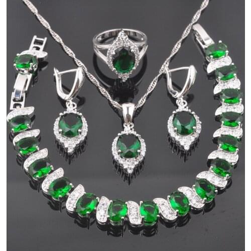 Green Stone White Zirconia Silver Color For Women Jewelry Sets Bracelet Necklace Pendant Earrings Ring QS0516