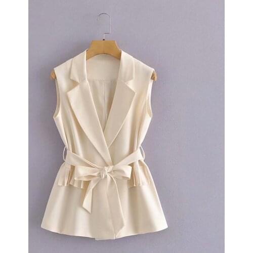 ZXQJ Women 2021 Fashion Pleated With Belt Waistcoat Vintage Sleeveless Side Vents Female Vest Coat Chic Veste