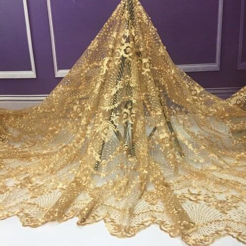 African Latest Lace Fabric Gold Nigeria Lace Fabric Embroidery Beaded Lace African Bridal Fabric 5 Yards for Wedding Party M4428