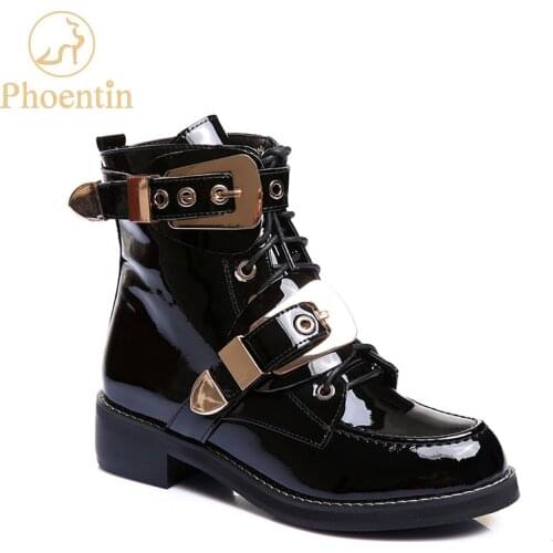 Phoentin black martin boots platform flat heels lace up ankle boots handsome metal buckle woman shoe punk genuine leather FT496