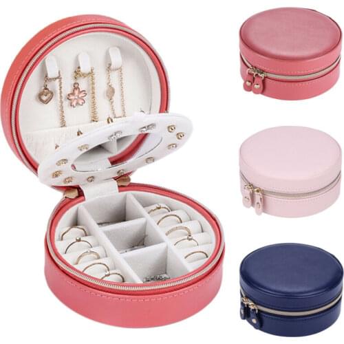 Travel Portable Round Zipper Jewelry Box Cosmetic case Organizer PU Leather Rings Earrings Necklace Storage Case