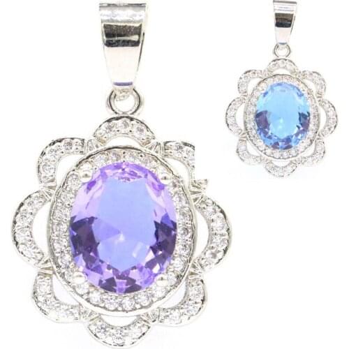 39x22mm Romantic Shape Created Pink Morganite London Blue Topaz Kunzite CZ For Ladies Silver Pendant