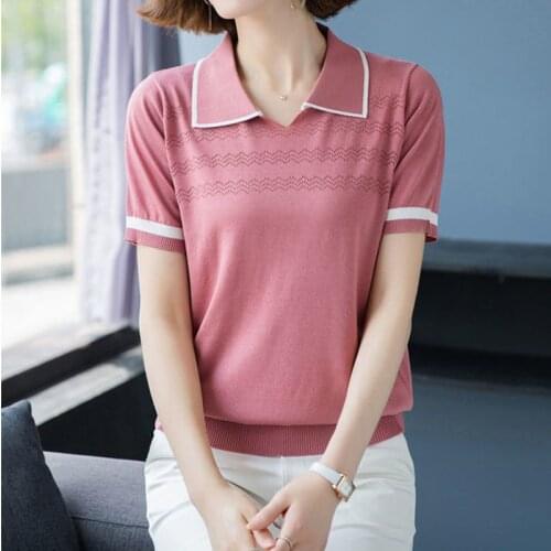 Summer Polo Collar Short Sleeve Knit T-Shirt Women Casual Hollow Out Short Knitwear Tees Fashion Large Size Patchwork Knit Tops