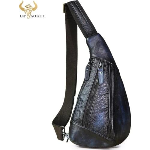 New Mens Genuine Leather Fashion Blue Tringle Chest Pack Bag Design Male Sling Crossbody One Shoulder Bag Backpack Daypack 8807