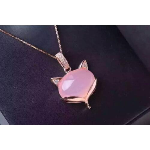 Natural pink chalcedony pendant S925 silver Natural gemstone Pendant Necklace trendy Elegant cute fox women girl party jewelry