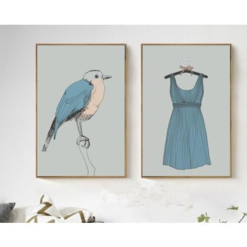Nordic Modern Simple Oil Girl Dress Clothes Birds Decoration Canvas Painting Living Room Posters and Prints Canvas Art Kitchen