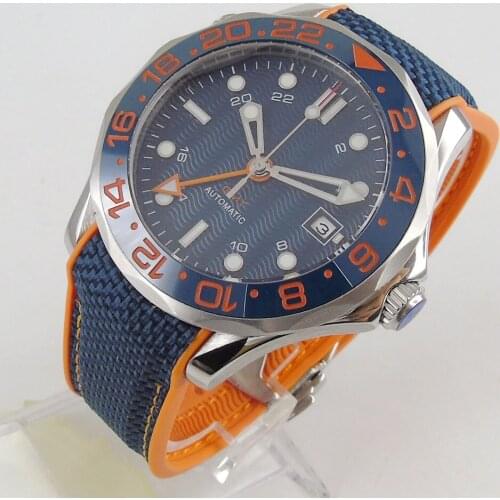 41mm Blue Sterile Dial Self Winding Mens Watch Automatic GMT Movement Sapphire Glass Blue Rubber Strap Date Window