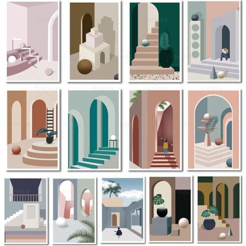 Nordic Cartoon Morandi Architecture Poster Green Blue Pink Door Stairs Painting Wall Art Canvas Pictures Kids Room Nursery Decor