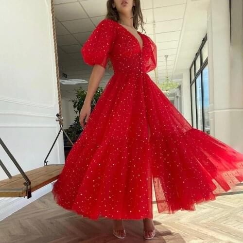 Tulle Tea-Length Formal Party Dresses Sparkly V-Neck Red Prom Dresses Puff Sleeves A-Line Short Evening Dresses robes de soirée