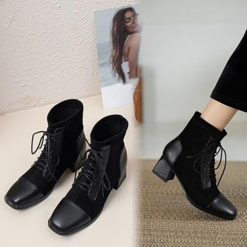 YQBTDL Winter Short Plush Inside Black Stretch Faux Suede Womens Boots Ankle Cross Tied Block High Heels Ankle Biker Sock Boots