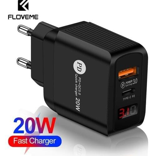 FLOVEME USB Charger Quick Charge 3.0 PD 20W Type C Fast Charging EU US UK Plug Wall Charger Adapter LED Display Phone Charger