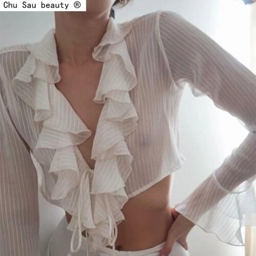 2021 Summer New Light Striped Sexy Deep V-Neck Ruffled Lace-Up Crop Top Flared Sleeve Blouse Women Chic Fashion