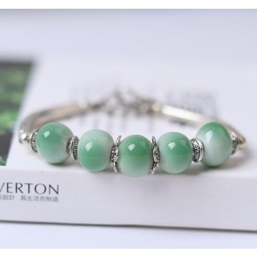 Women Handmade DIY Ceramic Bracelets Retro Ethnic Style Alloy Bracelet Girl Fashion Jewelry Accessories Gift