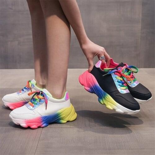 Rainbow Color Womens Casual Tennis Footwear Round Toe Frenulum Soft Running Sports Shoes Female Rubber Thick Bottom Sneaker