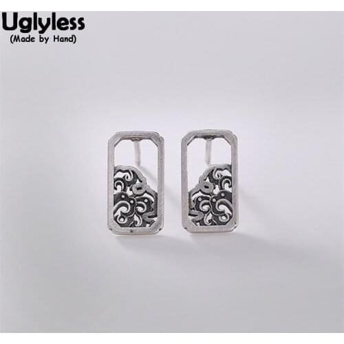 Uglyless Irregular Square Earrings for Women Handmade Ethnic Hollow Wave Studs 100% Real Solid 925 Sterling Silver Fine Jewelry