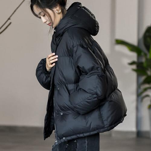 Winter Women Thick Warm 90% White Duck Down Coat Hooded Zipper Buttons Loose Jacket Casual Solid Color Snow Outwear