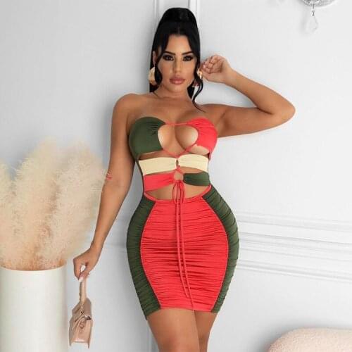 Women Summer Strapless Hollow Out Color Block Bodycon Party Package Hip Mini Tube Dress 2021 Female Clothing Streetwear