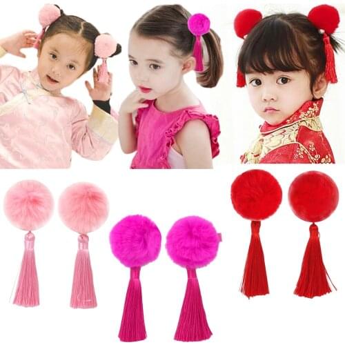 3 Pairs Baby Girls Chinese Style Hairy Furry Balls Bows Tassels Hair Clips Barrettes for Kids Festival