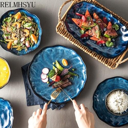 1PC RELMHSYU Nordic Style Ceramic Kiln Blue Household Simple Rice Noodle Dinner Bowls Round Square Dish Plate