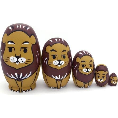 5Pcs/Set Egg Shape Cute Lion Nesting Dolls Wooden Figurine Matryoshka Kids Toy Tabletop Ornaments Birthday Gift Crafts