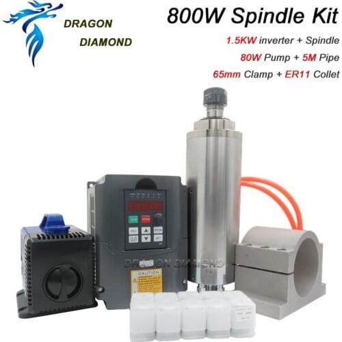 800w Spindle set 65mm 0.8kw 65*195mm spindle motor+1.5kw inverter+65mm spindle holder+13pcs ER11 (1-7mm)+80w water pump+5m pipes