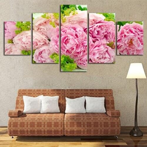 Pictures Home Decor Frame HD Printed Modern 5 Panel Beautiful Pink Hibiscus Painting Wall Art Modular Poster Canvas Living Room
