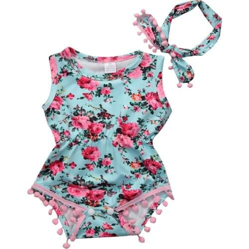 Newborn Baby Clothes Cotton Kids Girl Sleeveless Tassel Floral Romper Tops Headband 2pcs Outfits Set Clothes For 6-24Months