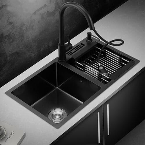 Nano Black Kitchen Sink Double Tank with Knife Holder 304Thick Stainless Steel Sink Wash Vegetable Basin Above Counter Sink Bowl