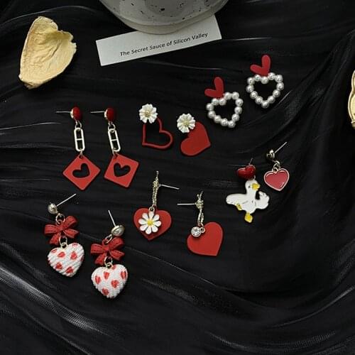 Cute Elegant Red Heart Bow Drop Earrings For Women Sweet Romantic Cool Flower Daisy Hollow Pendant Ears Jewelry Accessories