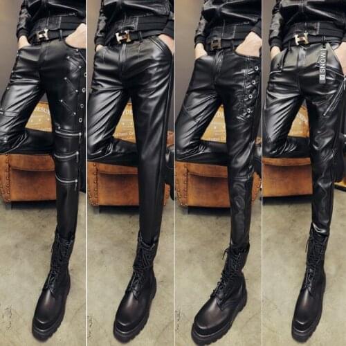 Winter personality fashion plus velvet motorcycle faux leather pants mens feet pants pu trousers for men warm Windproof black