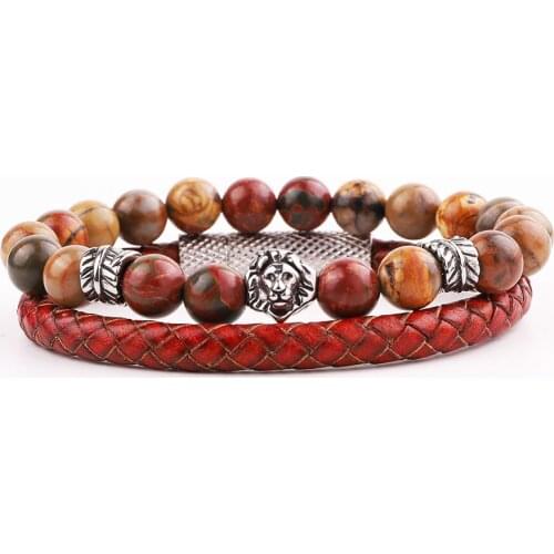 Men Bracelet Set New Design Stainless Steel Vintage Leaf Feather Charm Lion Natural Stone Genuine Leather Bracelet Men