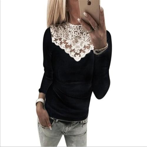 New Fashion Women Sexy O Neck Lace Patchwork T Shirt Top Casual Slim Long Sleeve Tops Lace T-shirt