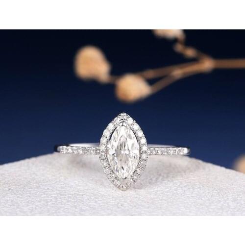 Solid 0.6ct Unique Marquise Cut DF Color Moissanite Engagement Ring Antique 18K White Gold Wedding Ring For Women