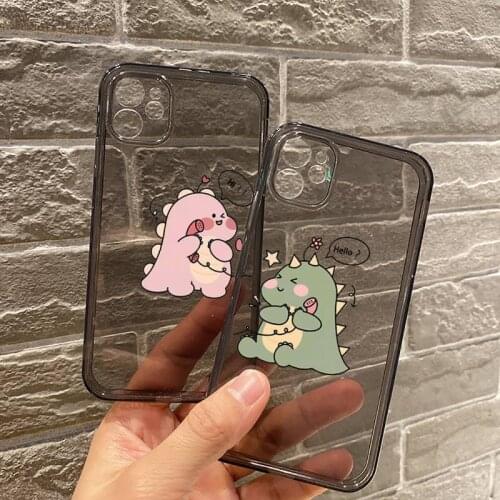 Cartoon little Dinosaur couple sisters friends Phone Case Transparent for iPhone 7 8 11 12 se 2020 mini pro X XS XR MAX Plus