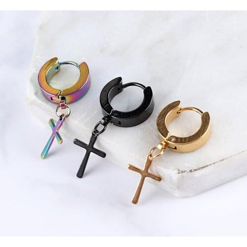 1PC Men Cross Stars Punk Dangle Earrings Gothic Women Stainless Steel Cross Ear Hoop Earrings Huggies Pendant Piercing Jewelry