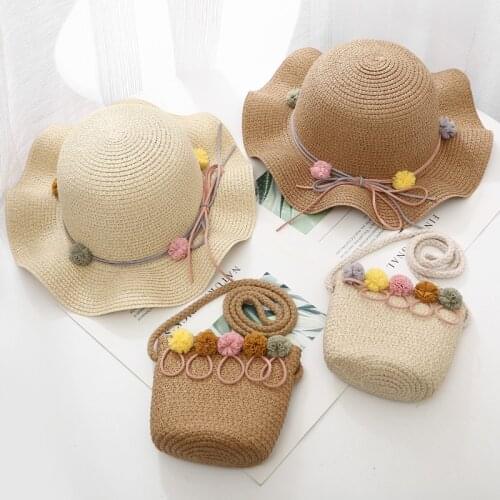 Summer Bucket Hat Straw Hats Handbag Sets Girls Kids Baby Outdoor Travel Holiday Beach Floppy Flower Sun Cap Panama