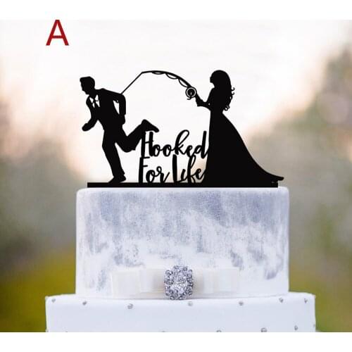 Hooked For Life Wedding Cake Topper Fishing Couple Bride And Groom Silhouette Funny Engament Anniversary Decoration