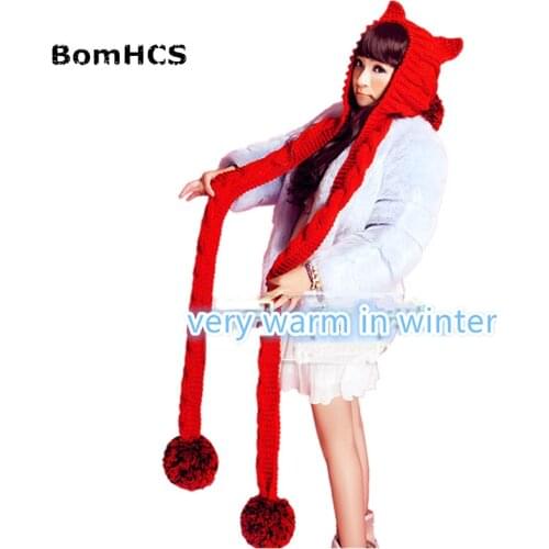 BomHCS Womens Thick Cable Handmade Knit Big Pompoms Beanie Cat Ears Warm Hat with Scarf