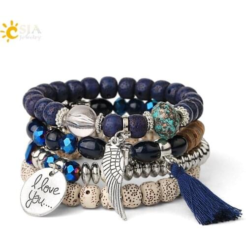 CSJA Vintage Bracelets Set Imitation Bodhi Beads Glass Crystal CZ Wing Tassel Bohemia Women Charm Jewelry Men Bracelet 4pcs G511