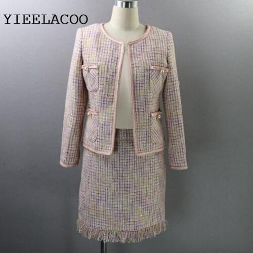 Pink Plaid Tweed Jacket + Skirt Set 2020 Spring / Autumn New Womens Coat 2 Piece Skirt Set With Celebrity Set