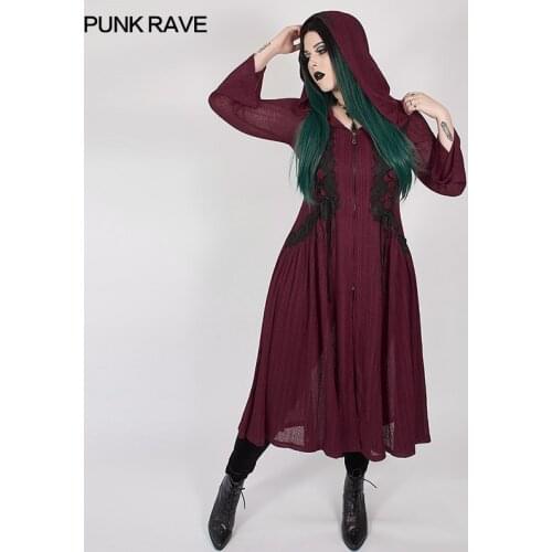 PUNK RAVE Plus Size Womens Gothic Dark Moon Long Coat Hooded Micro-horn Cuffs Red & Black Party Club Jacket
