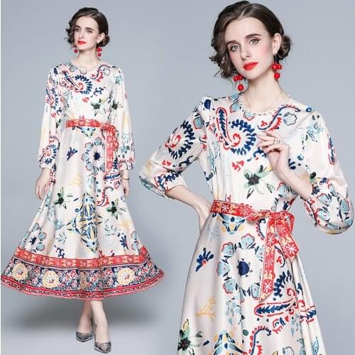 2021 New Women Dresses Expand Office Lady LOOSE Printing Vintage Dresses Ankle-Length Puff Sleeve O-Neck Elegant Summer Dresses