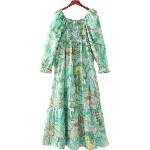 2021 Summer Dress for Women Fashion Floral Prints Vestido Modern Lady Shirred Bust Midi Dress Retro Green Dress Female Designer