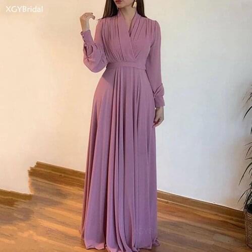 Dubai Saudi Arabic V-neck Puffy Sleeve Evening Dresses Simple Chiffon Formal Party Dress Robes de Soirée Vestidos Robe Longue