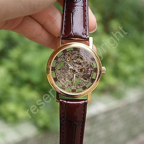 Golden Tone Hollow Skeleton Mens Lady Women Wind Up Mechanical Analog Wrist Watch Brown Leather Band Gift Wholesale Price A368