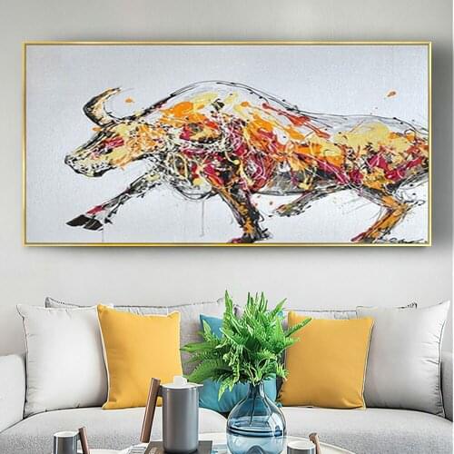 100% Hand painted Oil Painting On Canvas Abstract Yellow Bull Wall Art Inspirational Animal Picture Office Decoration Pop Art