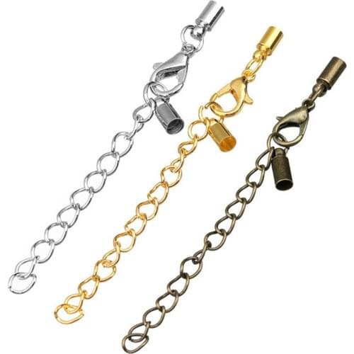 20pcs/lot Hole size 3mm Round Leather Cord End Caps Clasps Extender Chain With Lobster Clasp For DIY Jewelry Marking Findings